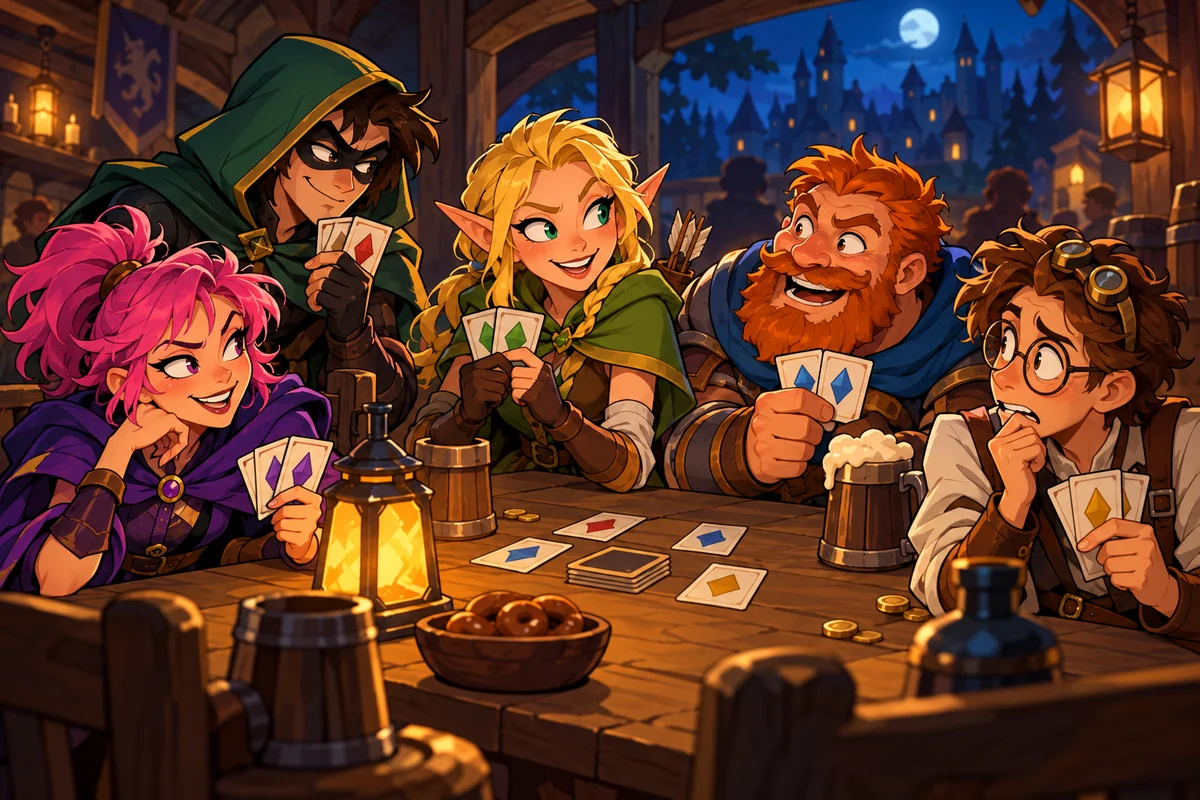 Ekipa fantasy przy stole z tajnymi kartami i ukrytą Wtyką